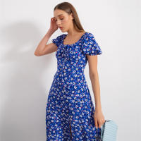 Vestido de mujer, novedad de verano 2025, vacaciones, pausa para el té, cuello cuadrado, falda de longitud media, mangas de burbuja, vestido con abertura Floral francés - details 38