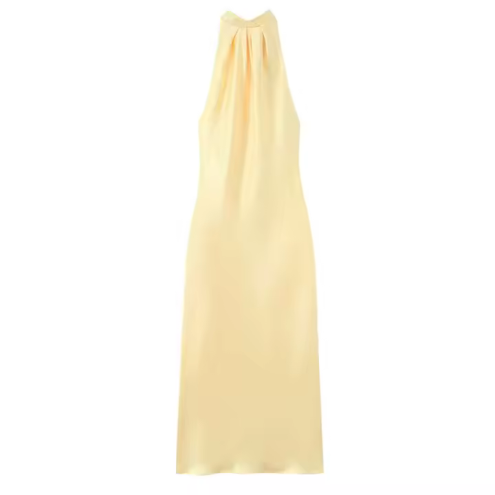 Vestido de verano novedoso con temperamento de color sólido con colgante de cuello con nudo y textura sin espalda para mujer - 1