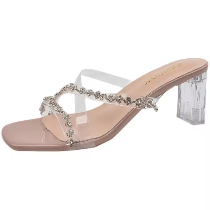 Sandalias de tacón alto niña 2025 nueva falda de verano con cristal de tacón grueso hermosa hada francesa zapatillas frescas fuera - 1