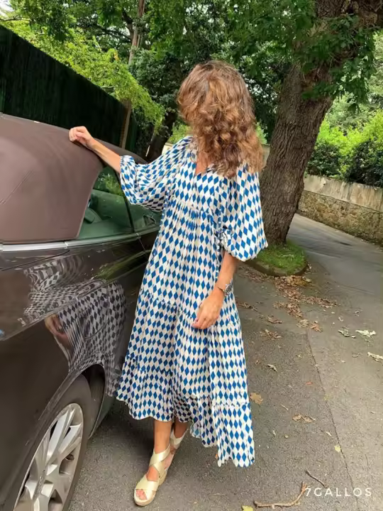 Vestido largo bohemio de verano a la moda con mangas de lazo para mujer, encaje floral y ropa elegante informal holgada con cuello en V - 1
