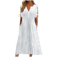 Elegante Vestido de Manga Corta con Cuello Redondo Color Sólido, Moda Casual con Bolsillos y Botones - details 4