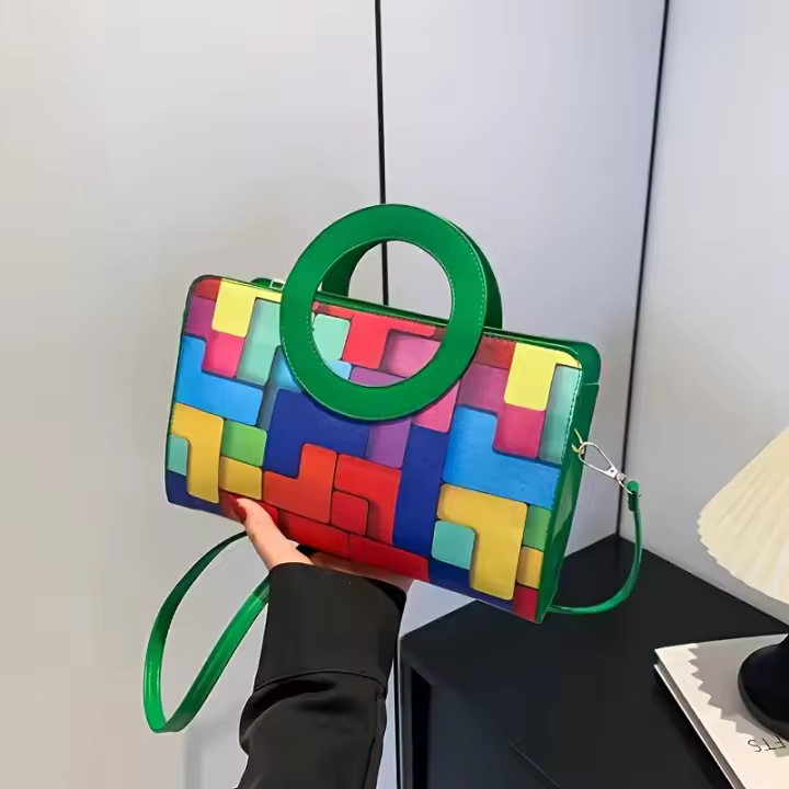 Bolso bandolera para mujer con correa ajustable - Elegante patrón geométrico, cierre de cremallera, sintético, negro/verde - Perfecto para viajes, vacaciones y uso diario, bolso bandolera, bolso de mano para uso diario, accesorio de moda, bolso sintético - 1