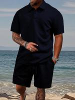 Conjunto de polo liso y pantalones cortos con cordón en la cintura para hombre, trajes de dos piezas cómodos y transpirables para uso diario al aire libre, ropa de hombre para el verano - details 4
