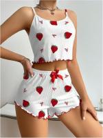 Conjunto estampado de amor de fresa europeo y americano, conjunto de pantalones cortos con tirantes para mujer, conjunto de dos piezas, dulce y lindo - details 1