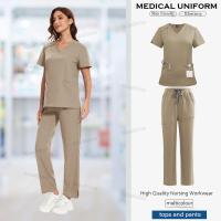 Ropa de trabajo, conjuntos de uniformes elásticos, uniforme de enfermera, uniforme médico para mujer, conjuntos de pantalones rectos de manga corta con cuello en V - details 10