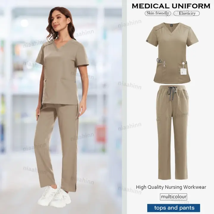 Ropa de trabajo, conjuntos de uniformes elásticos, uniforme de enfermera, uniforme médico para mujer, conjuntos de pantalones rectos de manga corta con cuello en V - 1