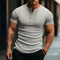 Camiseta de punto a rayas con estilo para hombre, cuello Henley de moda, mangas cortas, suave y transpirable, camisetas cómodas y perfectas para ropa informal - details 1