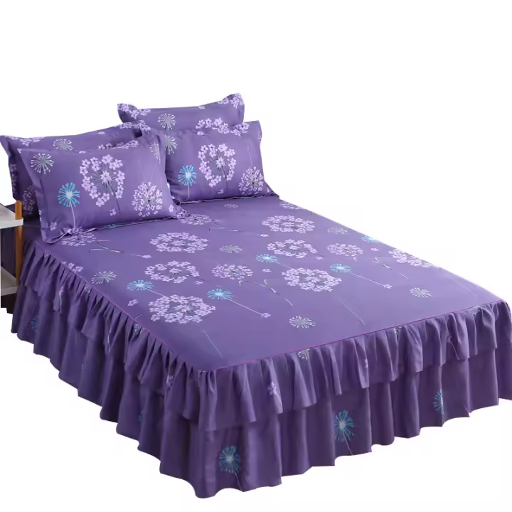 Falda de cama de doble cara + un par de fundas de almohada, falda de cama de encaje coreano, juego de tres piezas, funda de cama - 1