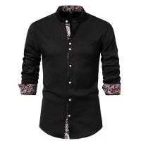 Camisas de vestir con cuello Henry para hombre, camisa de manga larga con contraste informal, esmoquin de negocios para boda y oficina, nueva moda - details 7
