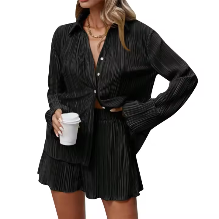 Conjunto de Pantalones Cortos Sueltos Informales para Mujer Traje Elegante de Dos Piezas Color Liso - 1