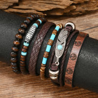 Conjunto de 6 pulseras boho madera cuentas vintage cabeza de toro ojos plumas multicapa artesanales regalos para hombre - details 19