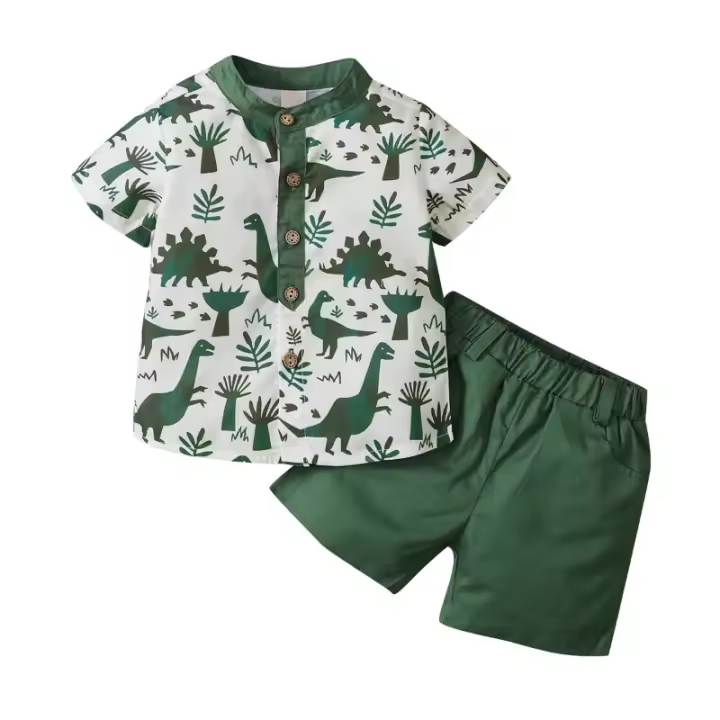 Conjunto de Pantalones Cortos para Niño Talla Elástica de Cintura, Camisa de Manga Corta con Botones 2 Piezas, Verano, 0-5 Años - 1