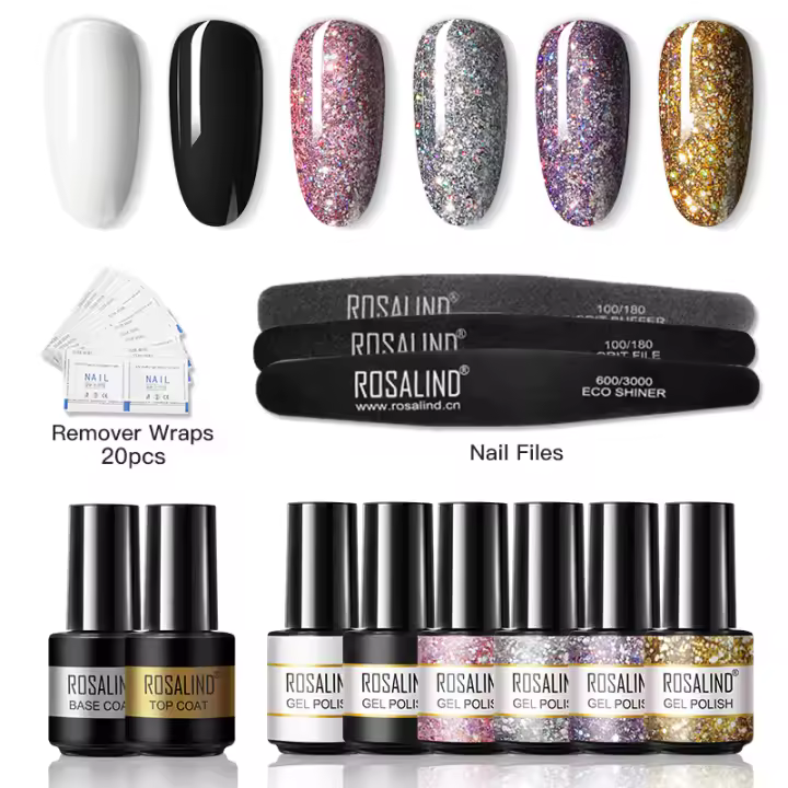 ROSALIND capa superior para Base 7ml empapa puros del Color de uñas de Gel brillante con lijado archivos de uñas Kit de diseño de uñas de arte lámpara de LED/UV - 1