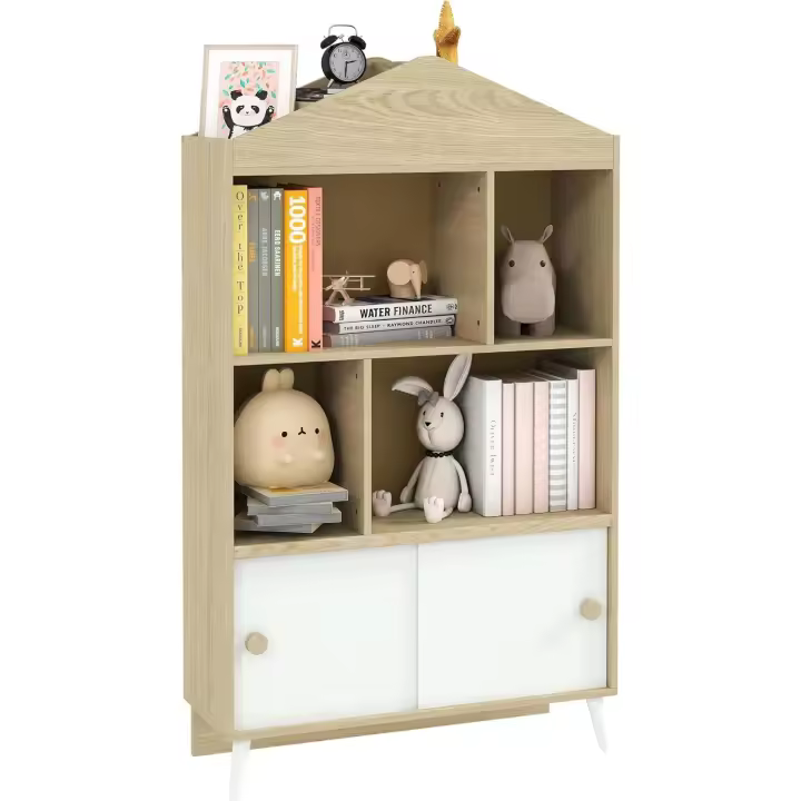 Estante de Madera para Niños 4 Compartimentos Diseño Abierto y Cajón Ideal para Habitación y Sala de Juegos Blanco y Natural - 1