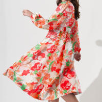 "Vestido Largo Bohemio Mujer 2025- Escote V Estampado Floral, Talle Alto, Mangas Largas, Moda Verano Boho Chic, Vestidos Hippies Elegantes para Festivales, Playa o Diario |   Envío Rápido Miravia" - details 11