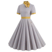 Vestido largo Retro de Navidad, cuello de pie, lazo de corbata, a cuadros, grande - details 11