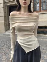 Jersey de otoño para mujer, Top Irregular con hombros descubiertos, suéter de punto negro de manga larga con base para mujer - details 5