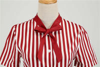 Polka dot print women summer short sleeve striped bow elegant vintage 50s party dress - details 14