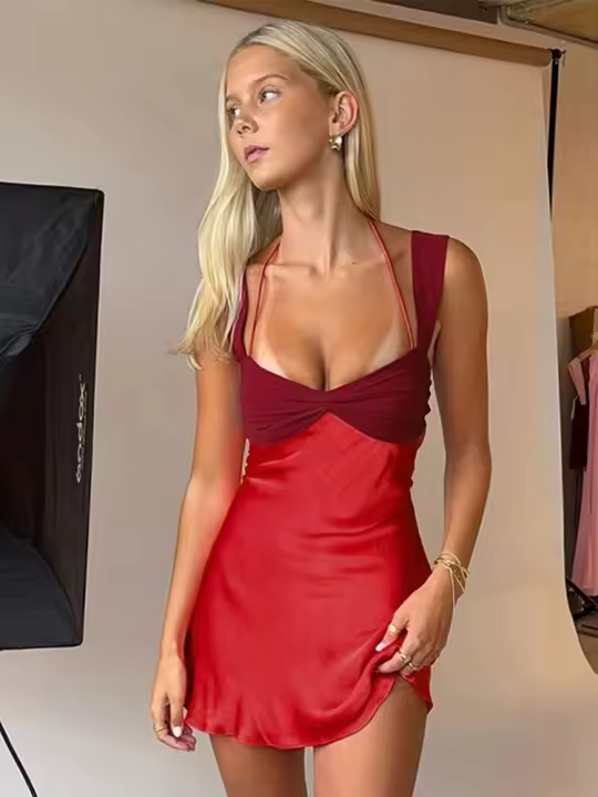 Mini Vestido de Satén con Detalles de Parche Vestido Corto Elegante para Noches, Vestido de Playa y Vacaciones para Mujeres - 1