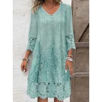 2024 nuevas mujeres Primavera Verano Color sólido Sexy hueco moda encaje impreso Casual cinco mangas hasta la rodilla vestido - details 2