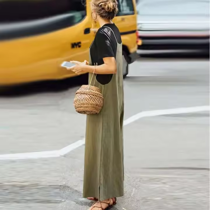 Mono sin mangas de verano para mujer, peto de pierna ancha liso, peto informal holgado de algodón con tirantes - 1