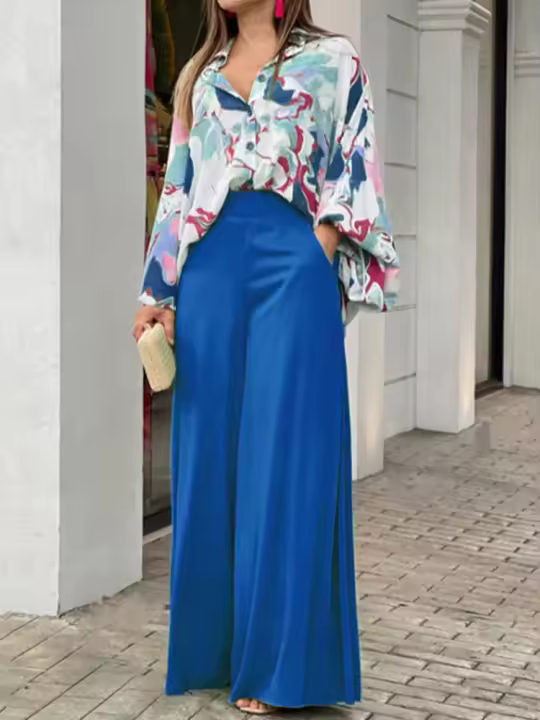 Conjunto Casual de 2 Piezas Camisa Floral de Manga Larga y Pantalones de Pierna Ancha - 1