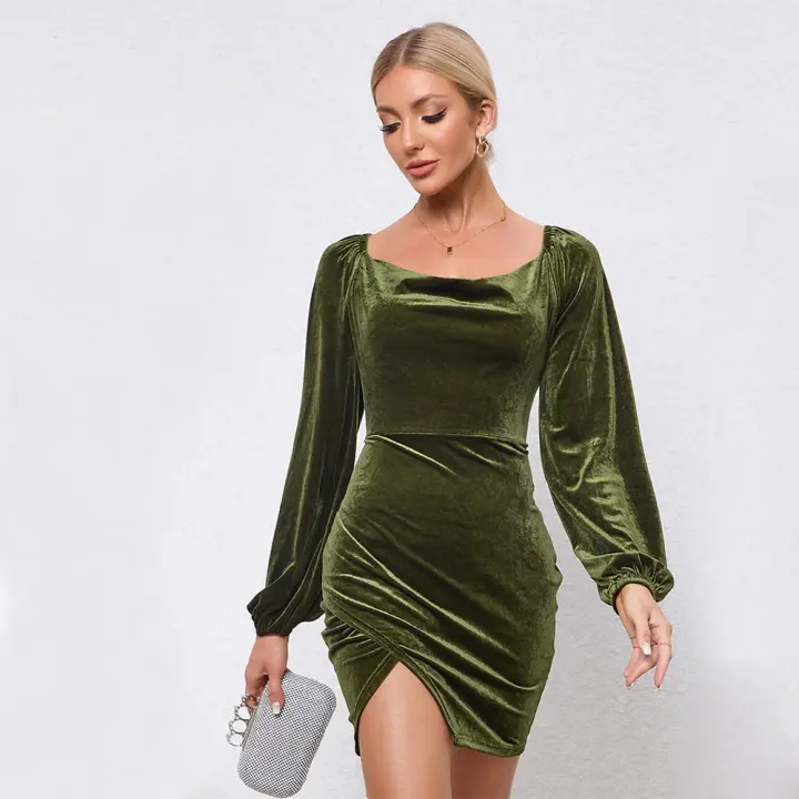 Vestido de fiesta de terciopelo de manga de burbuja de cuello Delgado para mujeres - 1