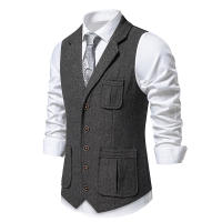 Chaleco de Tweed Grueso de Moda Retro para Hombres Chaleco de Fiesta de Ocio Casual Británico con Múltiples Bolsillos - details 2
