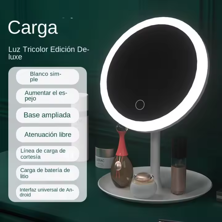 Espejo de Vaneo Recargable HD con Luz LED 3 Niveles de Color de Luz Ajustables, 360 Grados de Rotación, 5X de Ampliación - 1
