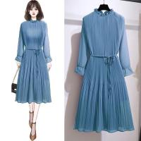 Vestido morado de gasa con volantes y cuello plisado elegante con cordones para mujer, moda coreana, corte en A, hasta la rodilla, 2024 - details 2