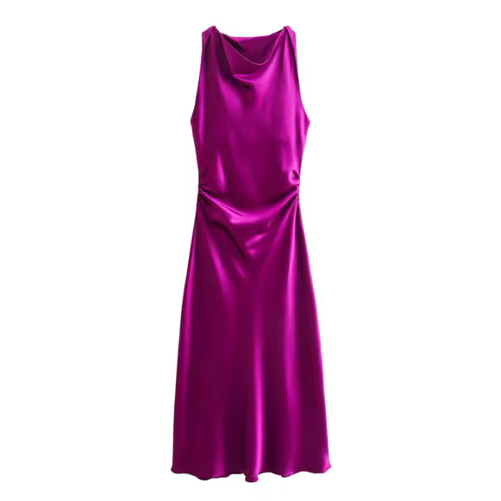 Primavera y verano nuevo estilo europeo y americano cuello redondo sin mangas seda satén textura cintura vestido mujer - 1