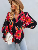 Camisa informal con estampado Vintage para mujer, blusa Retro para mujer, Top de manga larga con solapa y botonadura única, primavera y verano - details 2