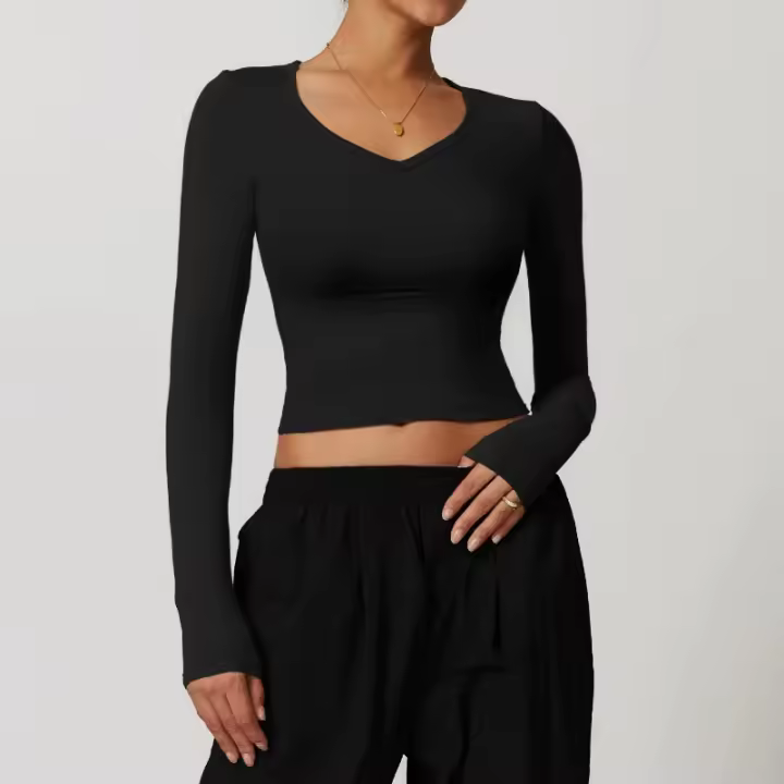 Top deportivo de manga larga con cuello en V para mujer, camiseta deportiva ajustada para Yoga, top deportivo, ropa deportiva para correr, entrenamiento deportivo - 1