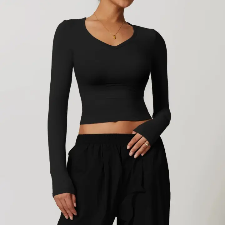 Top deportivo de manga larga con cuello en V para mujer, camiseta deportiva ajustada para Yoga, top deportivo, ropa deportiva para correr, entrenamiento deportivo - 1