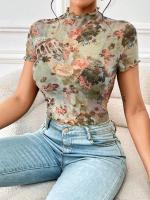 Nueva camiseta de manga corta elegante con estampado de malla, camisetas de manga corta con ribete de oreja de madera para mujeres - details 6