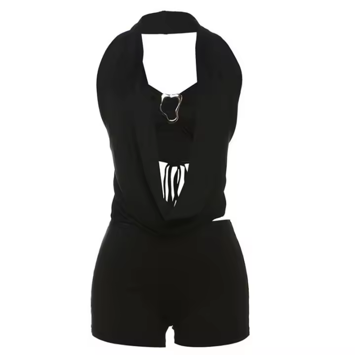 Conjunto corto ajustado de verano, nuevo, a la moda, de color sólido, sin tirantes, con cuello halter y lazo para mujer - 1