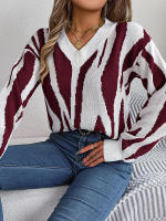 Jersey con cuello en V para mujer, suéter de manga larga con patrón geométrico de contraste, hilo de rosca, Tops informales de punto, otoño e invierno, 2023 - details 18