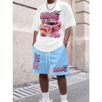 Conjunto de dos piezas de pantalones cortos de manga corta de moda con estampado de carreras de verano para hombre - details 1