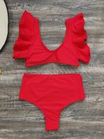 Conjunto de bikini con escote en V y volantes, traje de baño de dos piezas con cintura alta y corte alto en color sólido - details 8