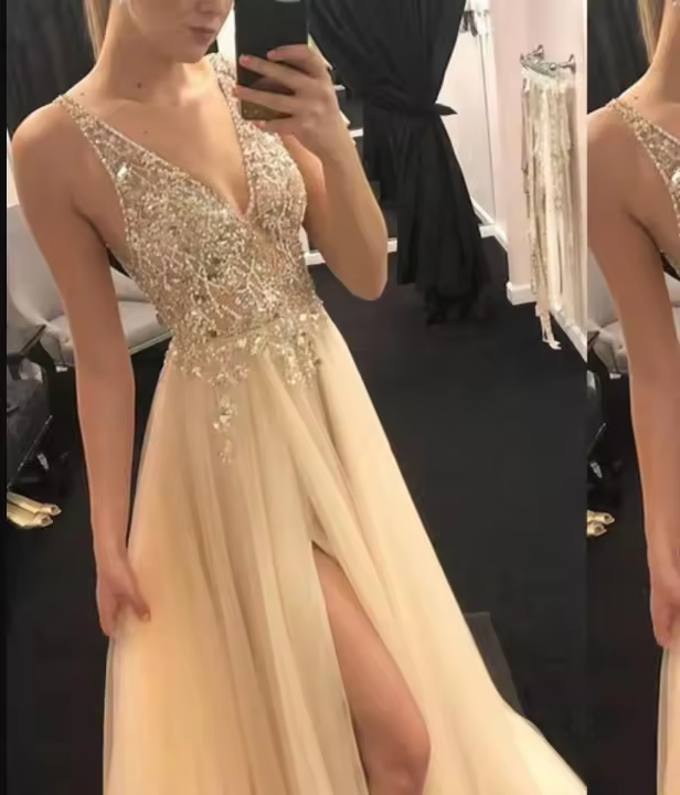 Vestido de mujer Vestido de noche de fiesta con empalme con cuello en V dorado brillante de verano - 1