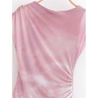 Vestido corto de manga nueva para mujer con cuello redondo y estampado de malla fruncida, dobladillo asimétrico, corte en A, vestidos de verano para estampado, dobladillo, corte, , - details 7