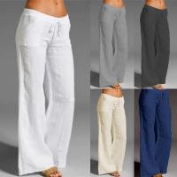 Pantalones de pierna ancha de lino y algodón para mujer, pantalón largo recto con cintura elástica y cordón, holgado e informal, con bolsillos lisos - details 1