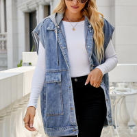 Chaqueta vaquera con capucha para mujer, deshilachada, rasgada, informal, con botones, ligera - details 1
