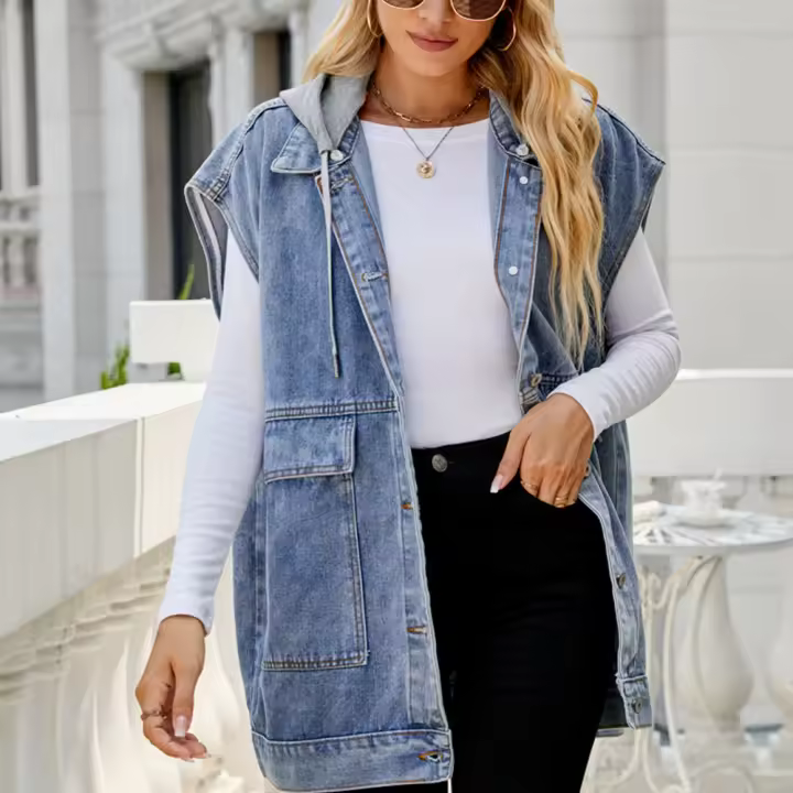 Chaqueta vaquera con capucha para mujer, deshilachada, rasgada, informal, con botones, ligera - 1