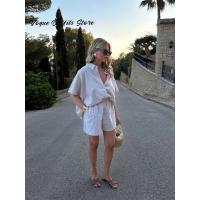 Conjunto de pantalones cortos a rayas para vacaciones para mujer, camisa informal con botones y solapa, pantalones cortos con cintura elástica, traje de playa para primavera y verano 2025 - details 4