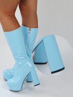 Botas de longitud media para mujer, con plataforma impermeable, tacón grueso, cremallera lateral, botas de moda de charol, Otoño/Invierno 2025 - details 15