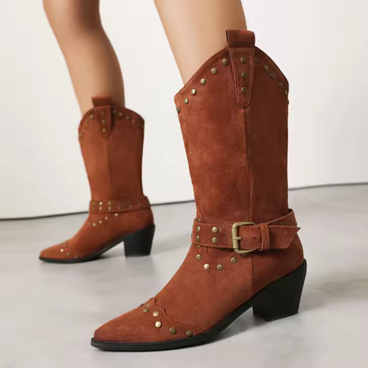 Zapatos de mujer bordados con tacón medio grueso tallas 40-43 conjunto de pies de gran tamaño botas retro de mujer - 1