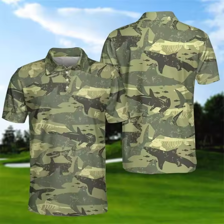 Ropa Haruku de manga corta con estampado 3D de camuflaje para hombre, camisetas de golf de moda, polo con botones, tops de gran tamaño - 1