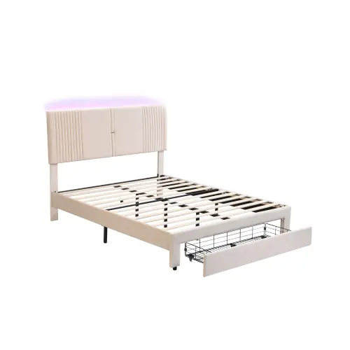 Cama de Almohada de Terciopelo 140 x 200cm, Doble con Barra Ligera y Enchufe USB, Dosel y Cajón Grande, Adecuada para Adultos y Adolescentes Sin Colchón - 1