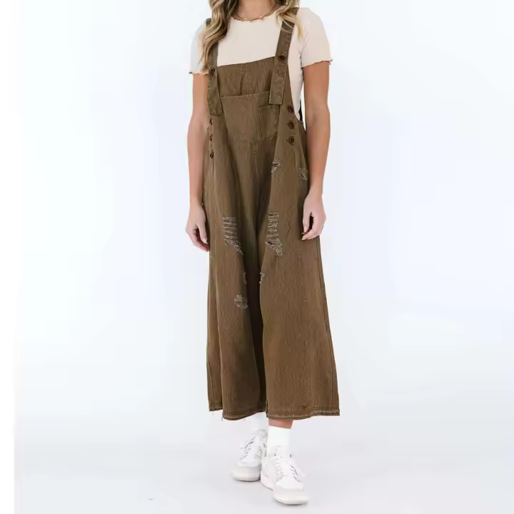 Monos de Denim Barril para Mujeres Pantalones de Cuero Ancho con Bolsillos - 1
